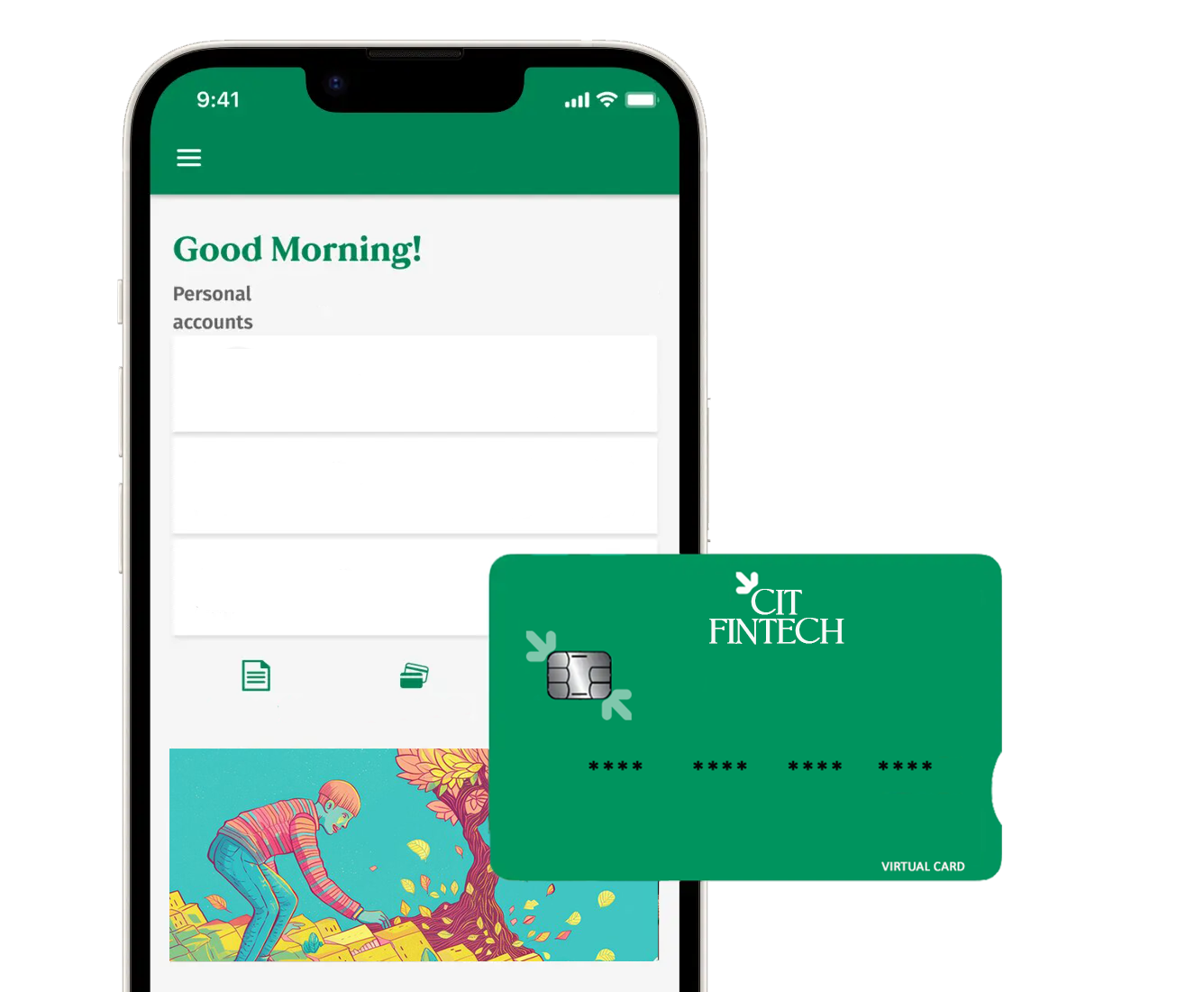 A phone with the Citfintech app and a Citfintech debit card
